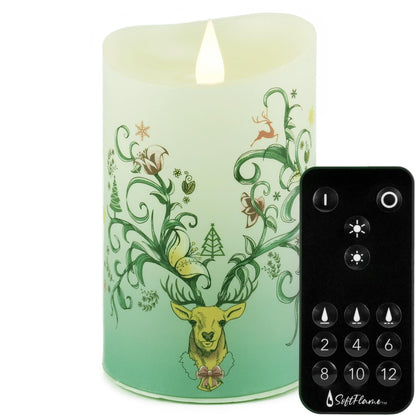 Softflame Christmas Flameless Candles with Remote Control, 3"x 5"Battery Operated Flickering 3D Wick Real Wax Pillar Reindeer Candle