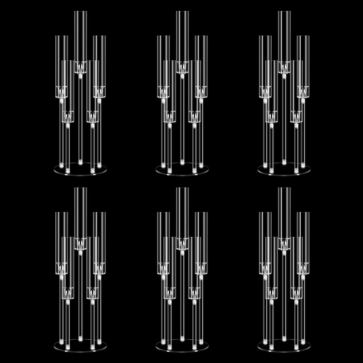 Clear 5 Arms Candlesticks Holder with Acrylic Shade for Wedding Table Decorations,26'' Tall Acrylic Candelabra Centerpieces for Candlelight Dinner Party Fireplace Gift Fit LED Candle（6 Pcs）