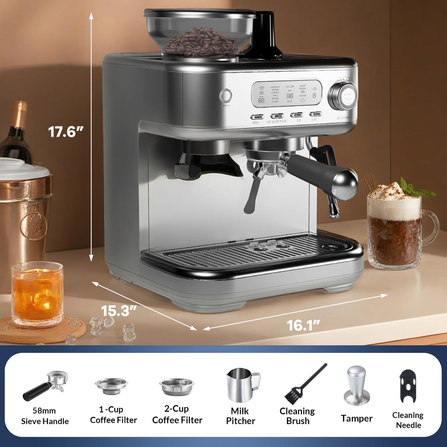 Espresso Machine with Grinder, Professional 15 Bar Espresso Maker, Cappuccino Coffee Machine with LCD Display, Steam Milk Frother, PID Temperature Control for Cappuccino, Latte - 78 Oz Water Tank