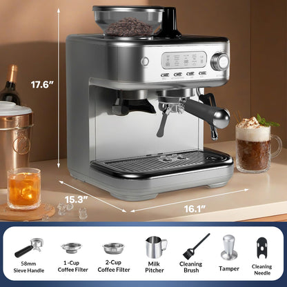 Espresso Machine with Grinder, Professional 15 Bar Espresso Maker, Cappuccino Coffee Machine with LCD Display, Steam Milk Frother, PID Temperature Control for Cappuccino, Latte - 78 Oz Water Tank
