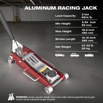 Big RED 3 Ton Low Profile Full Aluminum Racing Floor Jack with Dual Piston Quick Lift Pump, 6000 lb Capacity, Lift Range 3.74"-18.90", Lightweight Design, Red