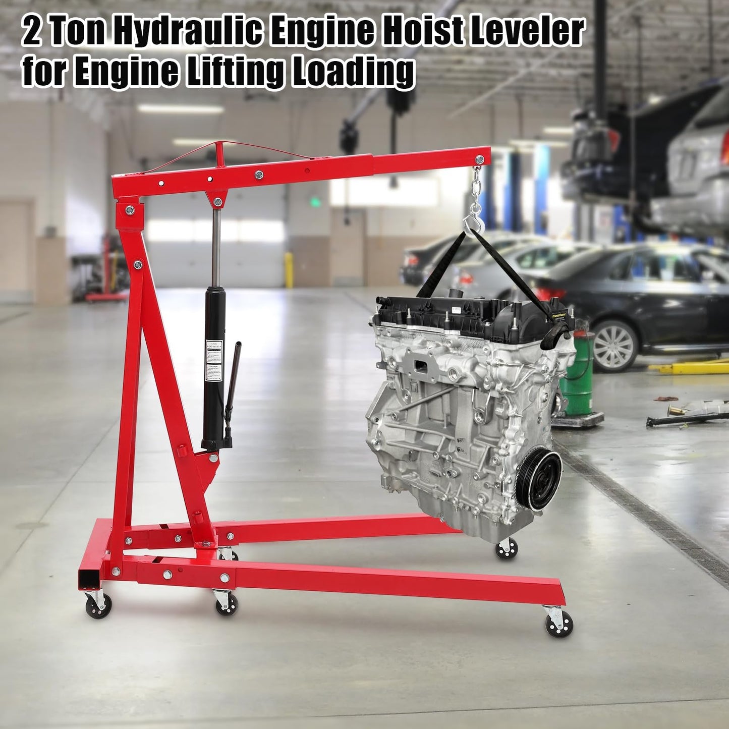 EliteEdge 2 Ton Engine Hoist, Folding Cherry Picker Engine Hoist with Lever, 6 Casters, 4400lbs Hydraulic Engine Crane, Heavy Duty Shop Cherry Picker for Garage and Workshop Engine Lifting