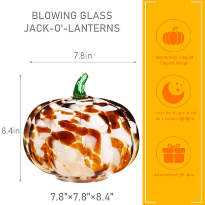 Naboher Handcrafted Glass Pumpkin with Warm LED Lights - Halloween & Thanksgiving Decor, Gift-Worthy Fall Home Decoration, 5.9-Inch Light-Up Tabletop Centerpiece (Green Leaf Coffee and Purple)