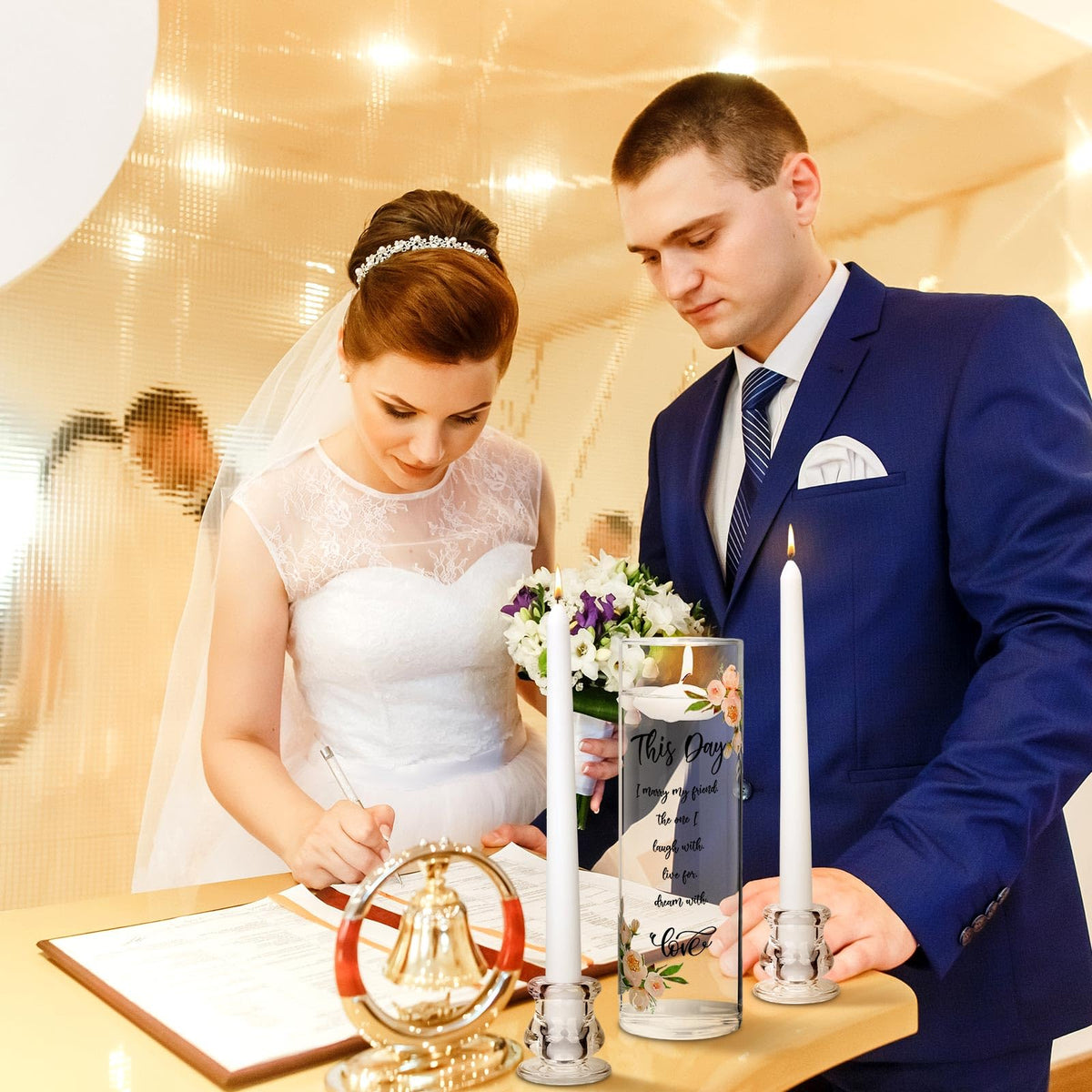 Irenare Unity Candles with Holder for Wedding Ceremony Wedding Decortions Accessories Glass Candle Holder Pillar Candle for Formal Events Church(Fresh Style)