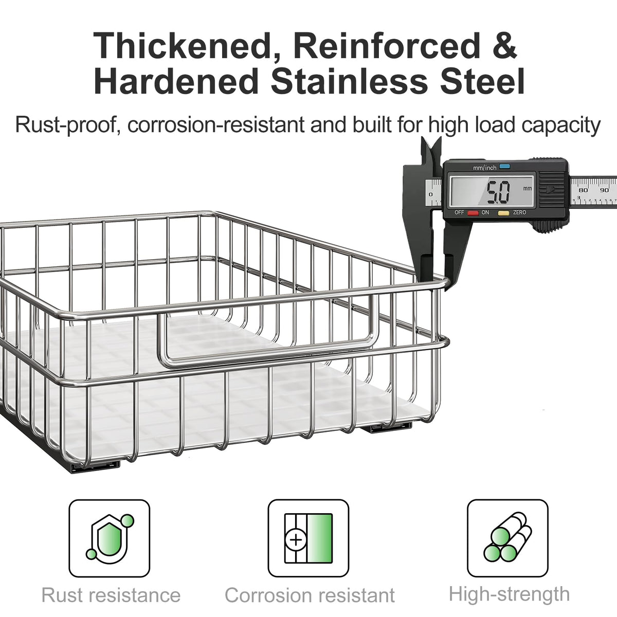 Pull out Cabinet Organizer, Stainless Steel 2-Pack Slide out Drawer with Silent Full-Extension Slides, Adhesive Roll out Can Spice Storage Basket Shelf Rack for Pantry, Kitchen, Bathroom, Home Closet