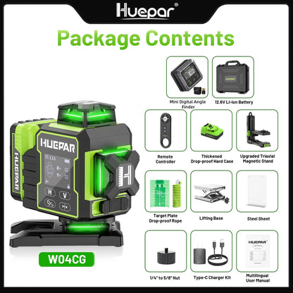 Huepar W04CG Laser Level 360 Self Leveling with Digital Angle Finder Digital Angle Gauge, Laser Class: Class II (IEC/EN60825-1/2014), 1mW power output