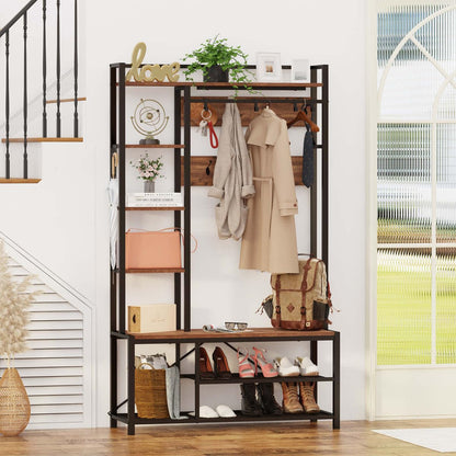 BON AUGURE Hall Tree with Shoe Storage, 5-in-1 Reversible Entryway Bench with 4 Tier Rustic Ladder Bookshelf, Standing Leaning Book Shelves for Living Room (Rustic Oak)