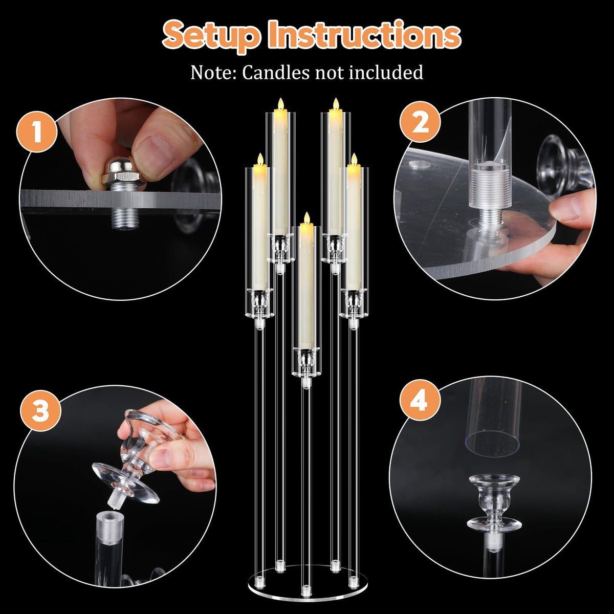 4Pcs 5 Arms Acrylic Candelabra Centerpieces for Tables Decortion,Clear Candle Holder for Wedding Dinner Fireplace Decoration,35 inches Tall Candlesticks Holder with Lampshade, Fits LED Candle