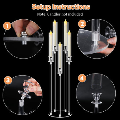 2Pcs 5 Arms Acrylic Candelabra Centerpieces for Tables Decortion,Clear Candle Holder for Wedding Dinner Fireplace Decoration,35 inches Tall Candlesticks Holder with Lampshade, Fits LED Candle