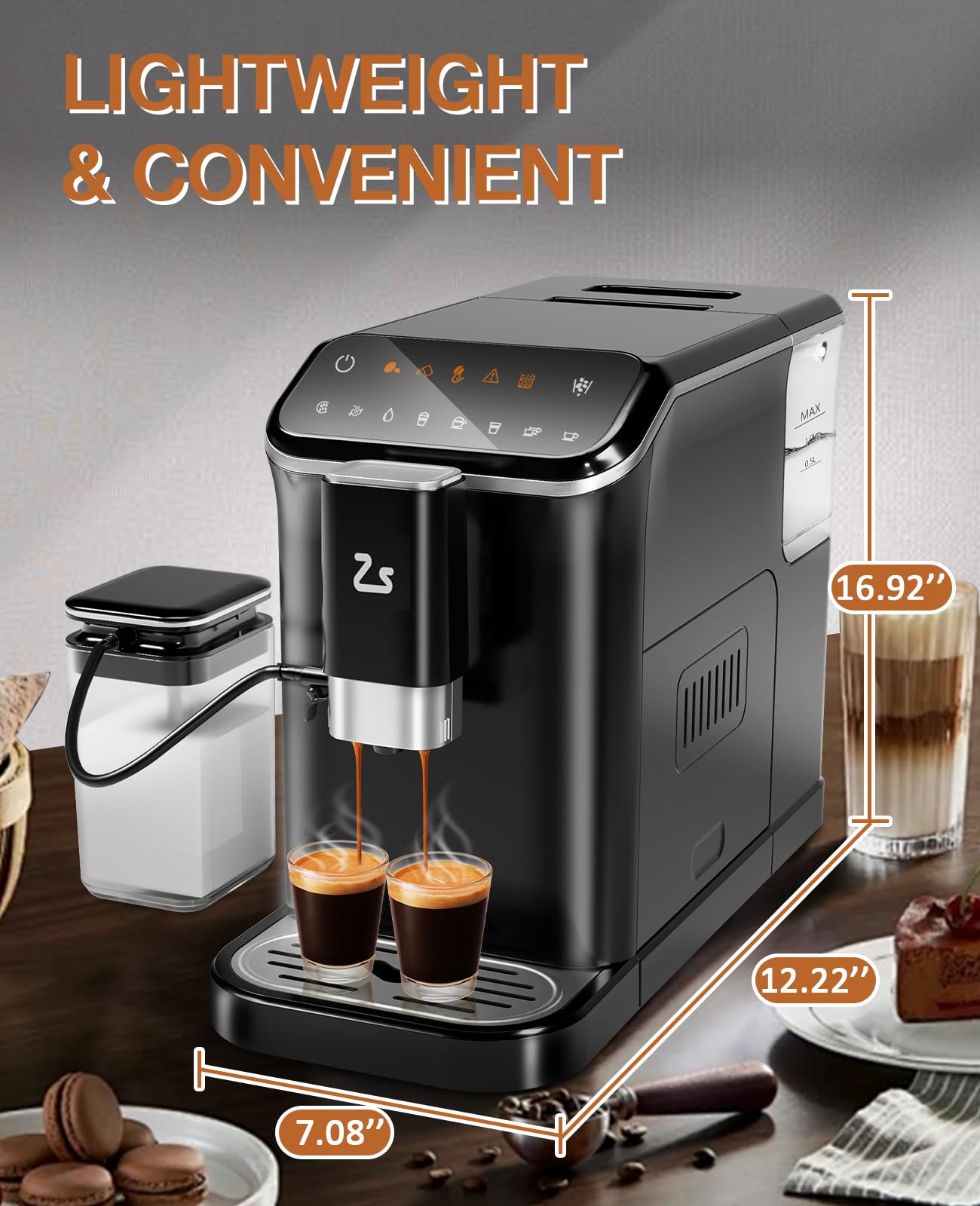 Super Automatic Espresso Machine & Coffee Maker, 20Bar Pressure, Built-in Conical Burr Grinder & Milk Frother, 6 One-Touch Recipes, Auto Clean, 1.5l Water Tank, for Home Office, 120v, Black&Silver