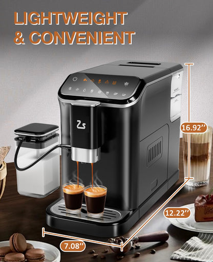 Super Automatic Espresso Machine & Coffee Maker, 20Bar Pressure, Built-in Conical Burr Grinder & Milk Frother, 6 One-Touch Recipes, Auto Clean, 1.5l Water Tank, for Home Office, 120v, Black&Silver