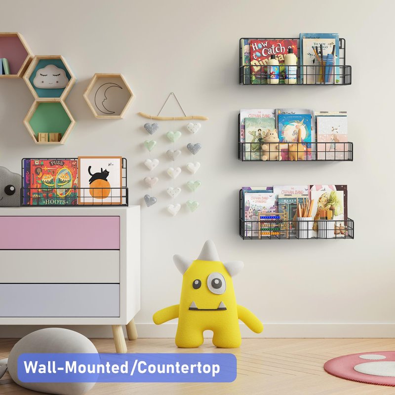 MFTEK Wall Mounted Metal Kids Bookshelf - Wall Book Shelf for Kids Rooms, Hanging Book Shelves Organizer for Room Decor, Nursery Classroom Home Floating Bookshelves Black 4 Pack