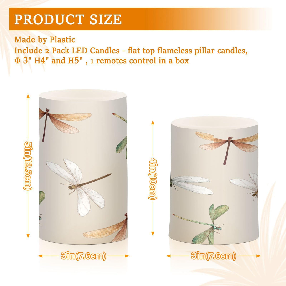 GUIJI Dragonfly Flameless Candles With Remote - Set of 2 Battery Operated Pillar Candles for Home Decoration, Christmas, Party