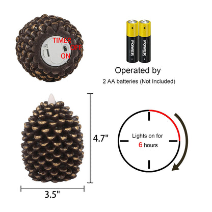 Lasumora LED Flameless Pinecone Candles with 6H Timer, Battery Operated Waxy Pillar Candles, 2 Pack Christmas Candles Flickering Acorn Decor Woodsy Home Décor Christmas Gifts(Brown, 3.5 x 4.7 Inch)