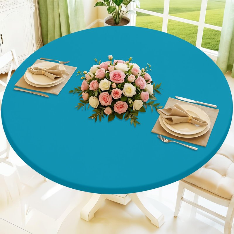 Moosfor Round Spandex Tablecloth, Elastic Fitted Waterproof Tablecloths for 45"-56" Tables, Stretch Washable Picnic Table Cover for Camping, Dining, Indoor and Outdoor, Turquoise