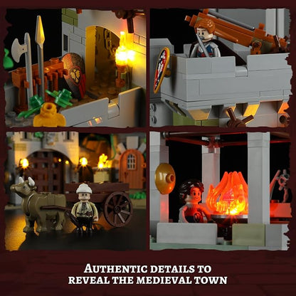 FUNWHOLE Medieval Watchtower Lighting Building-Bricks Set - Guardiance Castle with Soldier Farmer Minifigures Collectible Display Set 1625 Pcs for Adults and Teen