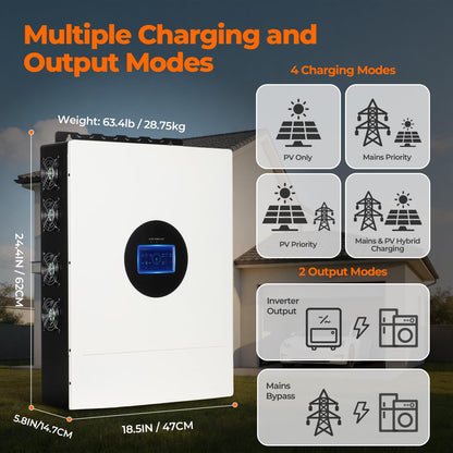 AuraSolar 12000W Hybrid Solar Inverter 48V DC to 120V/240V AC Split Phase, Pure Sine Wave Inverter Built-in 2 MPPT 200A Charge Controller, Power Converter for Home Backup Off Grid Solar System