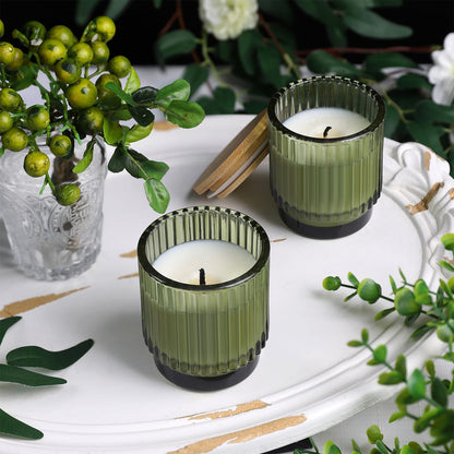 DEVI 7oz Empty Green Ribbed Glass Candle Jars - Set of 8, Glass Candle Containers with Bamboo Lids, Bulk Supplies for Gifts & Wedding Decorations