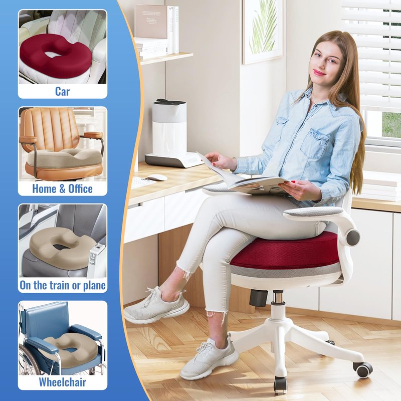 CloudBliss Donut Pillow Seat Cushion Chair Pad for Tailbone Pain Relief and Hemorrhoids, Memory Foam Seat Chair Cushion for Men and Women for Home & Office, (Red-2XL)