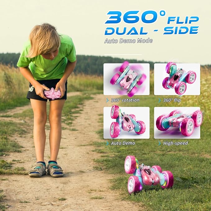 RC Car Pink 4WD Remote Control Car 360° Flip Double‑Sided LED Light Bar &amp Quick‑Swap USB‑C Modular Battery 2.4 GHz No‑Interference Popular Outdoor Beach Toy Popular Gift for Girls Ages 6‑12