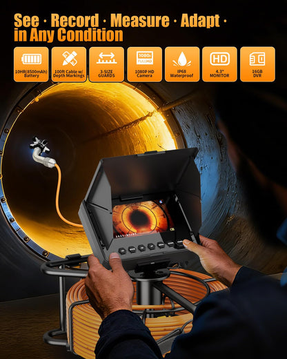 Sewer Camera 100ft, Drain Camera 4.3" with 23mm 1080P Probe, 8500mAh, 32GB Audio & Video Record, IP68 Waterproof for Drain Pipe, Plumbing & Industrial Inspection, Endoscope Camera with Light(12 LEDs)