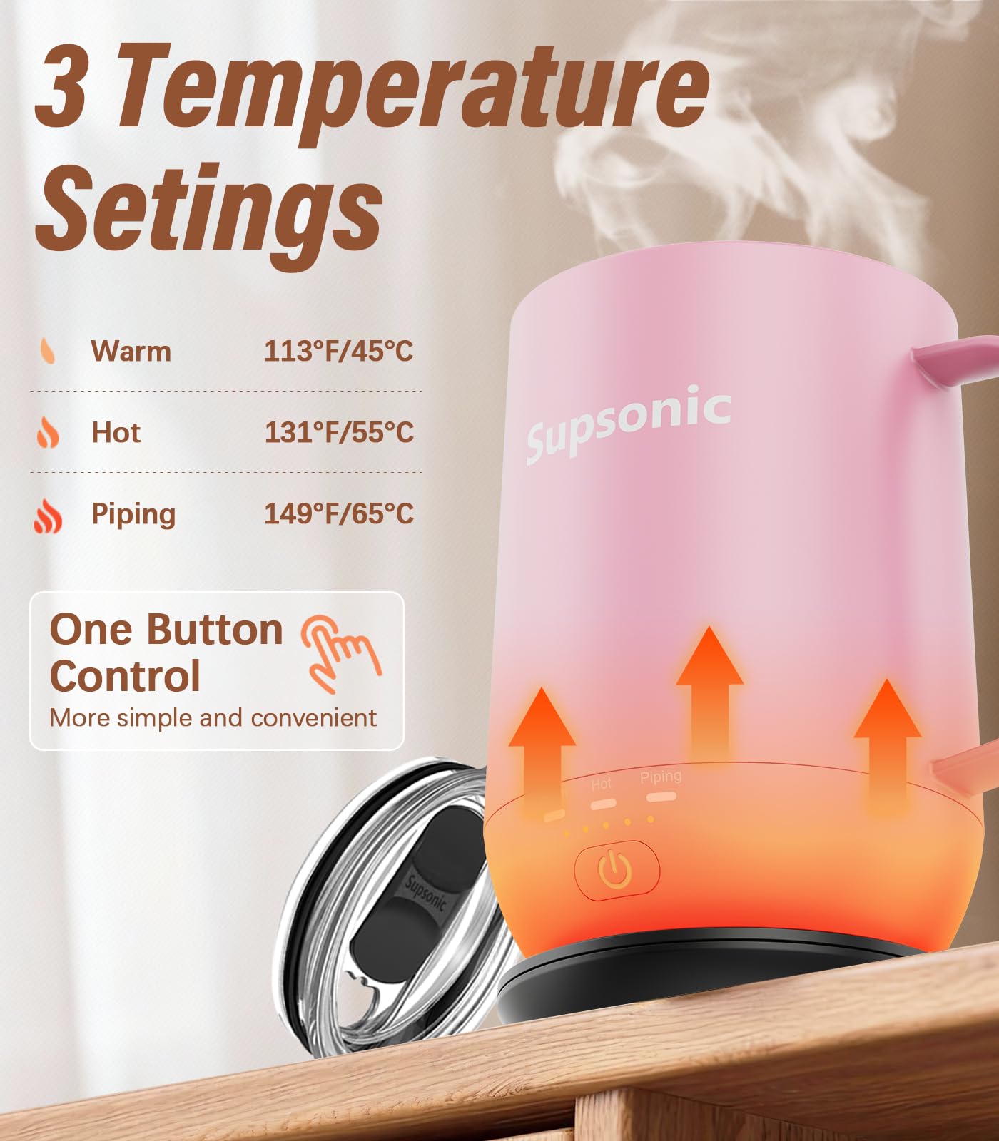 Supsonic - 16oz Self Heating Coffee Mug, Smart Heated Coffee Mug Faster Direct-Contact Heating Up to 149°F, Coffee Mug Warmer Set with Auto Shut-Off - Gifts for Men Women | S2