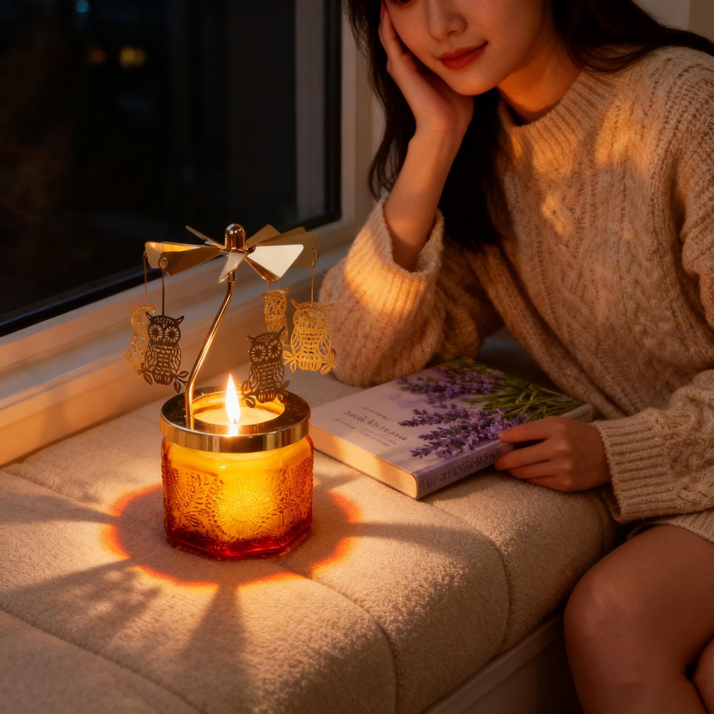 kingnero Lavender Scented Candle Carousel Rotary Candle Holder Spinning Tea Light Birthday Gifts for Women, Mom, Wife, Girlfriend, Sister, Female Friends, (Golden Owl)