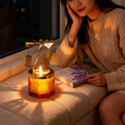 kingnero Lavender Scented Candle Carousel Rotary Candle Holder Spinning Tea Light Birthday Gifts for Women, Mom, Wife, Girlfriend, Sister, Female Friends, (Golden Owl)