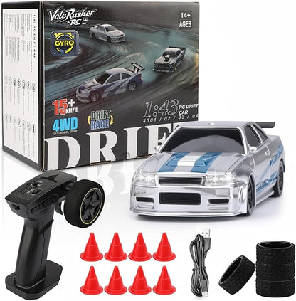 [2026 New Upgrade 1/43 Scale Mini RC Drift Car with Gyroscope Toys for Age 8-14 Old Birthday Gifts Micro Small with Full Proportional RTR 2.4GHz Remote 2 Tire Sets 8 Cones - Silver Blue