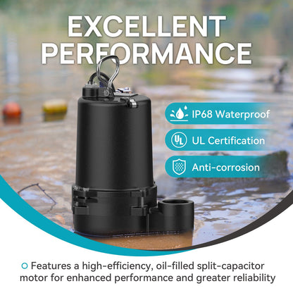 BOMGIE 1/2 HP Sewage Pump, Cast Iron Effluent Pump, Automatic Float Switch, Sewage Sump Pump for Sump Basin, Basement, Residential Sewage, 2'' NPT Discharge, Dark Black