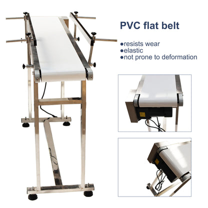 BREVELTION PVC Flat Belt Conveyor Stainless Steel Industrial Transport Conveyor Adjustable Speed Conveyor with Double Guardrails Conveyor Length 53.15inch Width 7.87inch Load 22LBS 60W