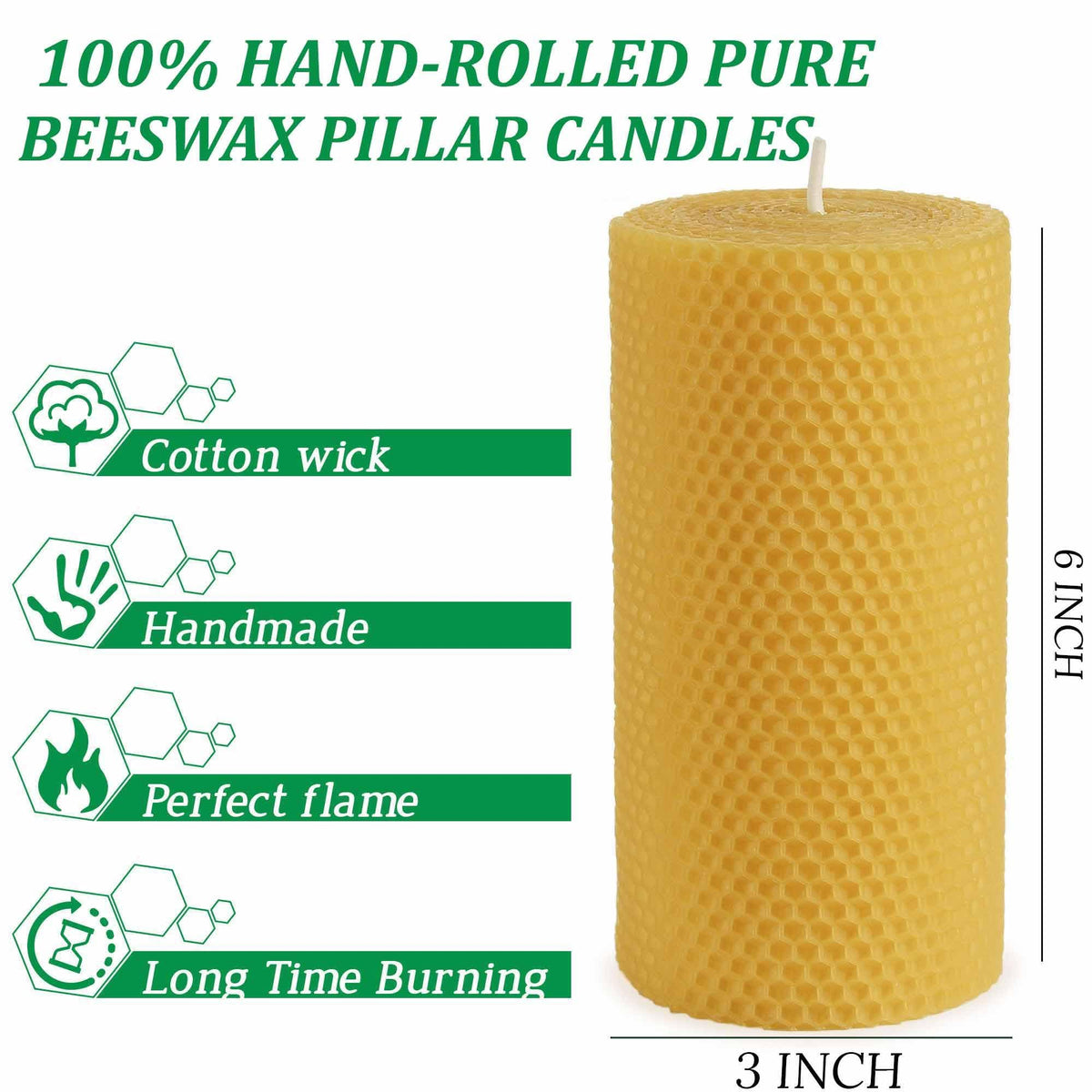 Pure 3x6 Inch Natural Bees Candles Hand Rolled Candle 2 Pack,Honeycomb Candles Pillar Candle 30 Hours Long Burning,Dripless and Smokeless for Home Decor Party Dinner Gifts