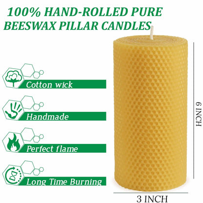 Pure 3x6 Inch Natural Bees Candles Hand Rolled Candle 2 Pack,Honeycomb Candles Pillar Candle 30 Hours Long Burning,Dripless and Smokeless for Home Decor Party Dinner Gifts