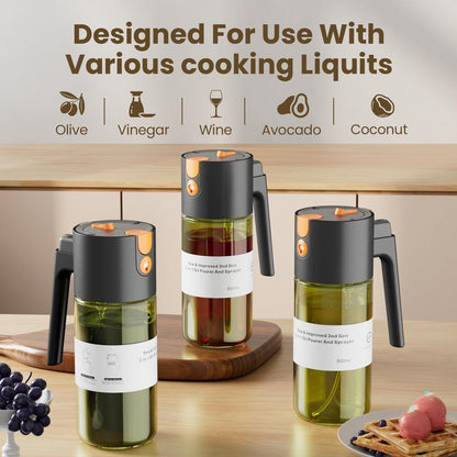 LAKUMIQI 2 in 1 Oil Sprayer for Cooking, 17oz Light-Blocking Glass Spray Bottle with Stickers, Oil Dispenser for Salad, Air Fryer & BBQ