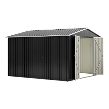 10'x10' Galvanized Steel Storage Shed with 4 Top Air Vents, Lockable Double French Door Large Garden Tool Shed, Black