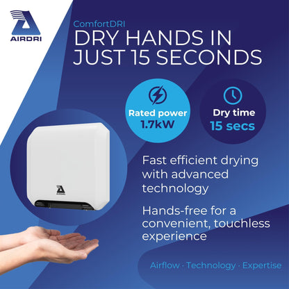 Airdri ComfortDRI Automatic Warm Air Hand Dryer - 1.7kW Low Noise Motor - 15-Second Dry Time - 67dBA Noise Output - ADA Compliant - Ideal for Small Workplaces - White