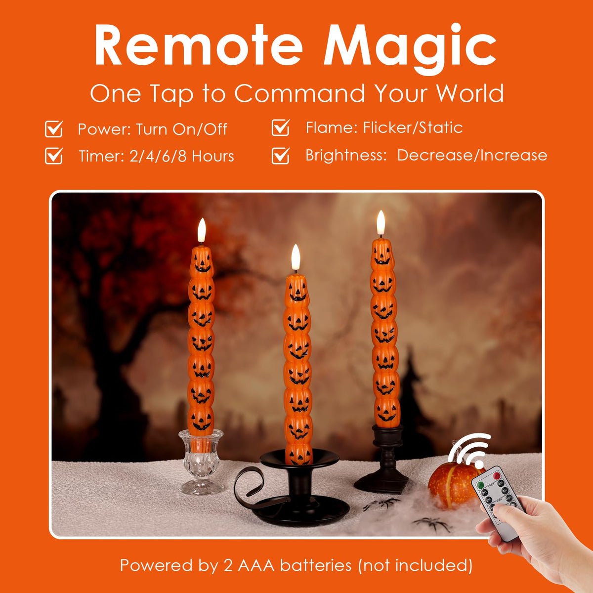 Girimax Orange Pumpkin Halloween Flameless Taper Candles with Remote, Flickering Spooky LED Wax Candlesticks Battery Operated, Set of 4