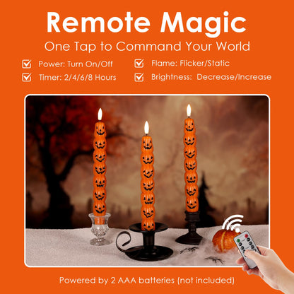 Girimax Orange Pumpkin Halloween Flameless Taper Candles with Remote, Flickering Spooky LED Wax Candlesticks Battery Operated, Set of 4