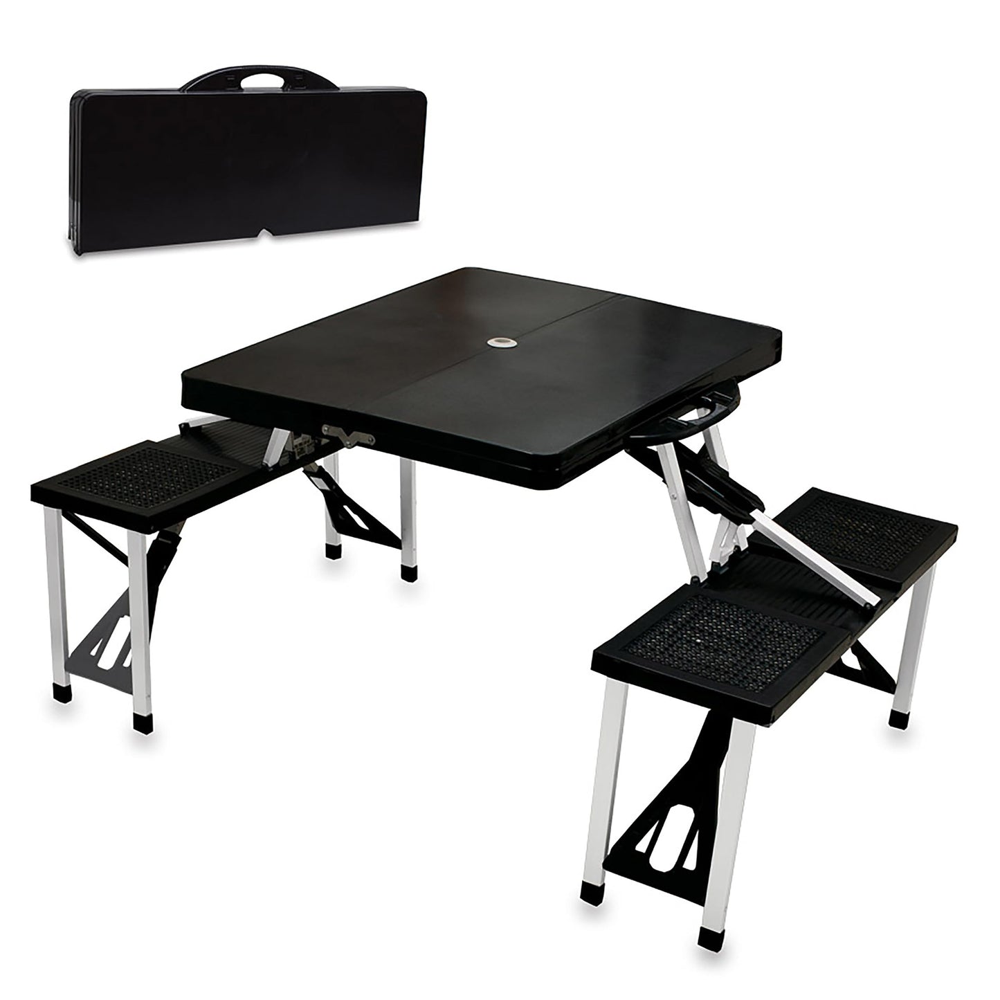 PICNIC TIME Picnic Table Portable Folding Table with Umbrella Hole and Bench Seats for Four for Tailgating, Picnics, and Beach, Collapsible to Suit-Case Style for Easy Transport, Lightweight, (Black)