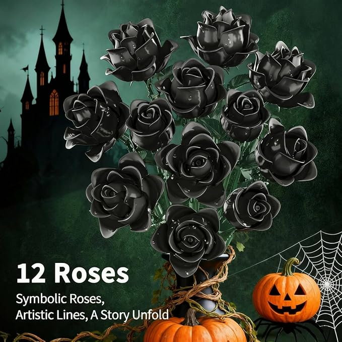 Black Rose Bouquet Building Set 12 Compatible with Lego Flowers for Daughter DIY Roses Building Blocks Gothic Artificial Everlasting Flowers Room Decoration &amp Gift for Halloween