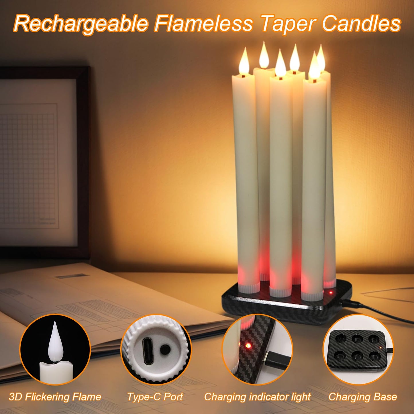 GenSwin Rechargeable Flameless Taper Candles with Charging Base, 6 Pack LED Candles Battery Operated with Remote Timer, Real Wax Flameless Candlesticks for Halloween Christmas Decorations(Ivory)