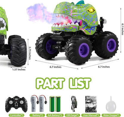 DYODYORC Remote Control Car 2.4Ghz All Terrain Dinosaur Monster Truck Toys RC Truck with Spay Music 3 Lighting Effects Stunt Capable Toy Gifts for Boys and Girls (Green Purple)