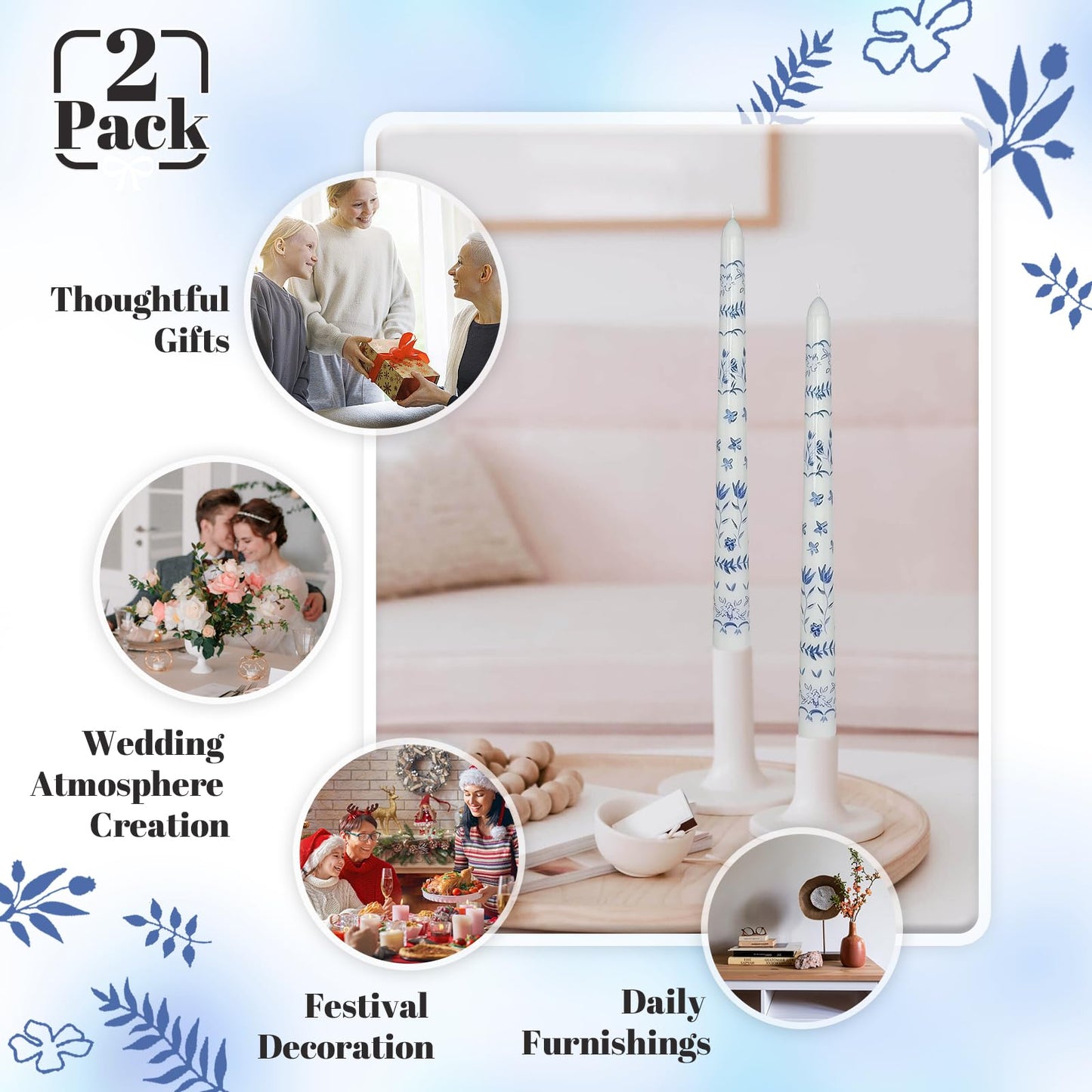 Blue and White Porcelain Taper Candles 10 Inch Print Candle Handmade Unscented Rural Pattern Long Candles 2 Pack Twisted Candlesticks for Wedding Home Decoration Gifts