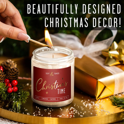 Christmas Candles Scented - 'Christmas Time' Soy Christmas Candle, w/Apple, Cinnamon, Clove - Infused with Essential Oils I Holiday Candles I 9oz, 50Hr, Made in USA