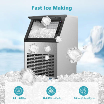 Commercial Ice Maker Machine, 80Lbs/24H Under Counter Ice Maker, Freestanding with Ice Thickness Control & Stainless Steel, 36 Cubes in 15 Mins, 28Lbs Storage Capacity, for Home, Bar, Cafe, Offices