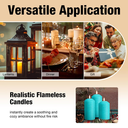 Eywamage Turquoise Blue Flameless Pillar Candles with Remote, Flickering LED Candles Battery Powered Real Wax Set of 3