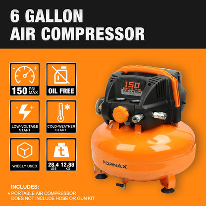FORNAX Pancake Air Compressor with two couplers, 6 Gallon Portable Electric air compressor, 150 PSI, Oil -Free Air Compressor