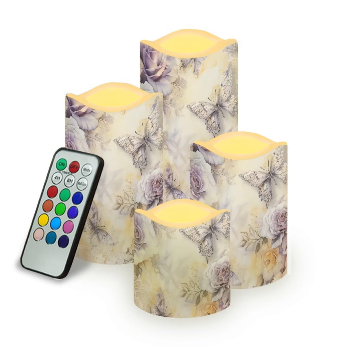Cozeyat White Floral Flameless Candles 4 Pack Battery Operated LED Pillar Candles with Remote Control Timer Color Changing for Home Wedding Beach