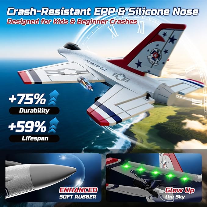 DEERC F16 Thunderbirds RC Plane3CH Remote Control Airplane Fighter Toys2.4GHz 6-axis Gyro Stabilizer RTF Glider Aircraft Plane with 2 BatteriesEasy to Fly for Beginners Kids Adults