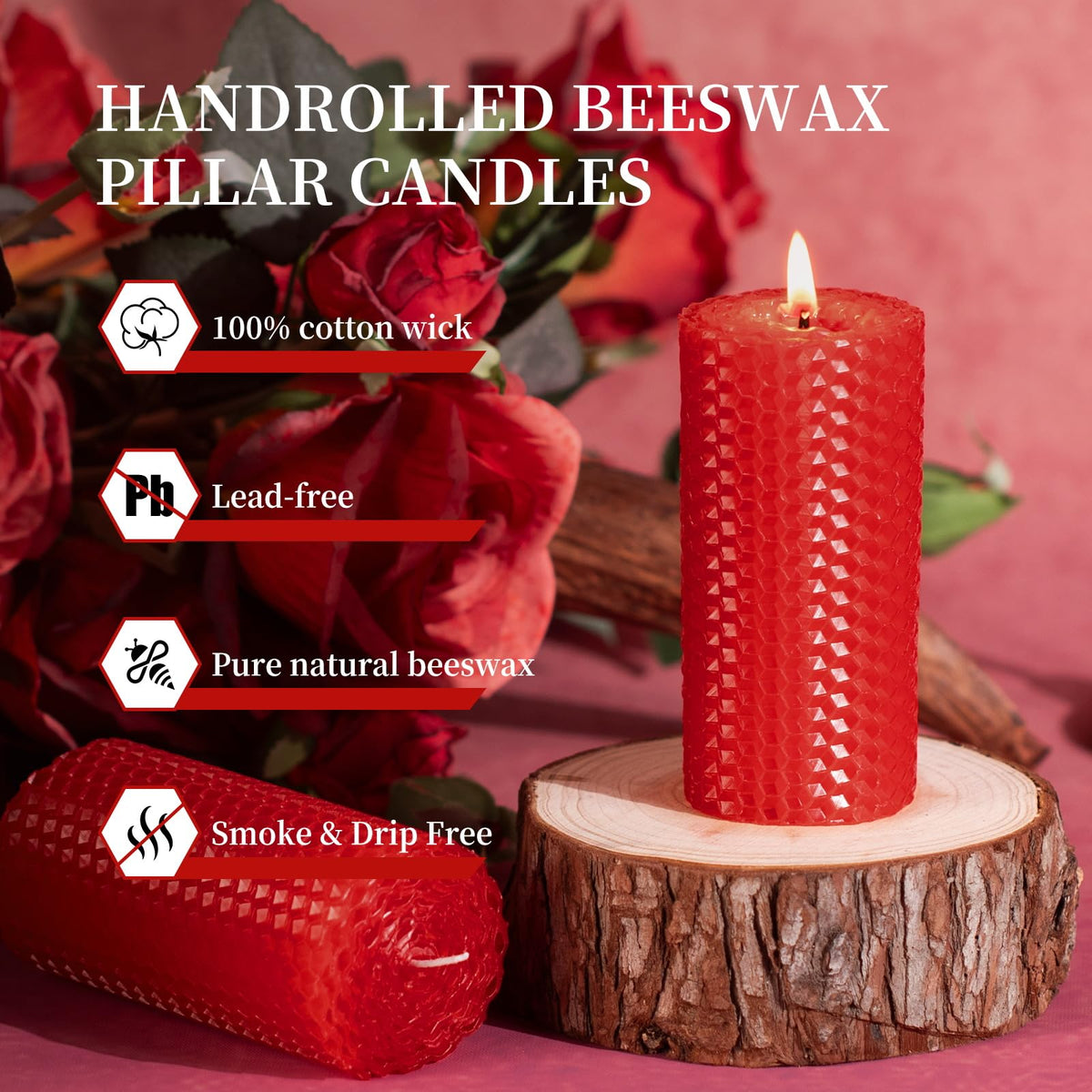 KONNI Beeswax Red Pillar Candles Set of 3, 2"x 4" Unscented Pillar Candles Bulk, 20 Hours Long Burning Candles, Smokeless&Dripless Large Round Candle for Wedding, Decoration, Parties, Spas, Dinner